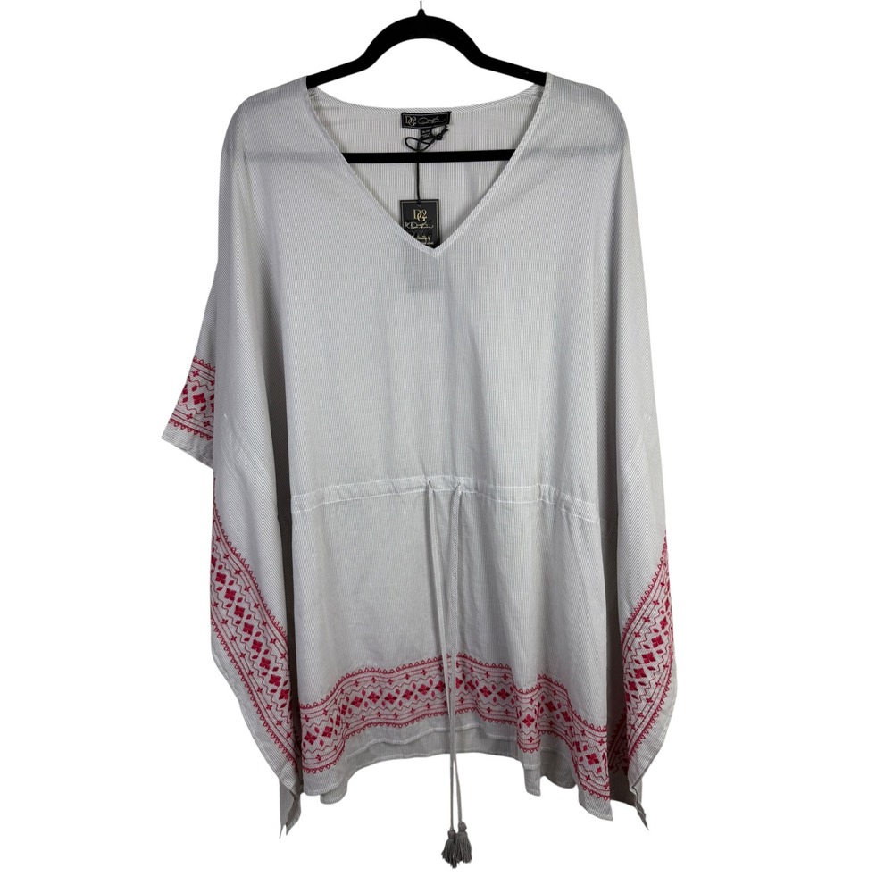 Poncho Gray Striped Embroidered Tassels Lightweight 100% Cotton Size XL / 1X NWT